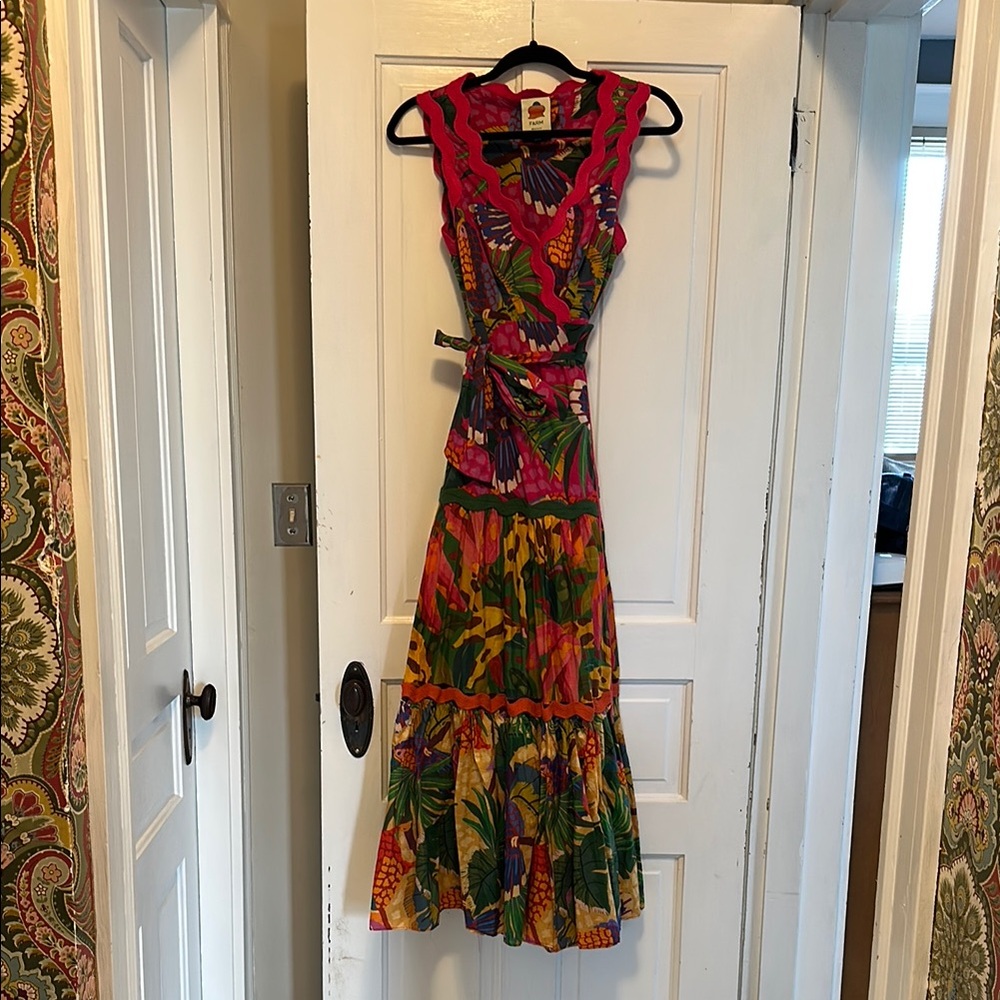 Farm Rio Mixed Painted Toucans Wrap Maxi Dress